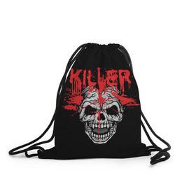 Рюкзак-мешок 3D с принтом Killer в Санкт-Петербурге, 100% полиэстер | плотность ткани — 200 г/м2, размер — 35 х 45 см; лямки — толстые шнурки, застежка на шнуровке, без карманов и подкладки | blood | dead | death | drops | fear | halloween | happy | holiday | killer | red | skull | splashes | брызги | капли | красный | кровь | мертвый | праздник | счастливый | хэллоуин | череп