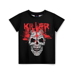 Детская футболка 3D с принтом Killer в Санкт-Петербурге, 100% гипоаллергенный полиэфир | прямой крой, круглый вырез горловины, длина до линии бедер, чуть спущенное плечо, ткань немного тянется | Тематика изображения на принте: blood | dead | death | drops | fear | halloween | happy | holiday | killer | red | skull | splashes | брызги | капли | красный | кровь | мертвый | праздник | счастливый | хэллоуин | череп