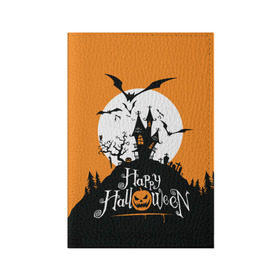 Обложка для паспорта матовая кожа с принтом Happy Halloween в Санкт-Петербурге, натуральная матовая кожа | размер 19,3 х 13,7 см; прозрачные пластиковые крепления | cemetery | corpse | flying | forest | gallows | halloween | happy | holiday | house | mice | moon | night | owl | pumpkin | silhouette | tree | виселица | дерево | дом | кладбище | ле | летучие | луна | мертвец | мыши | ночь | праздник | силуэт | сова | с