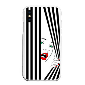 Чехол для iPhone XS Max матовый с принтом Pop art girl в Санкт-Петербурге, Силикон | Область печати: задняя сторона чехла, без боковых панелей | Тематика изображения на принте: abstraction | background | band | black and white | fashion | girl | hair | pop art | silhouette | style | абстракция | девушка | мода | полосы | поп  арт | прическа | силуэт | стиль | фон | черно  белый