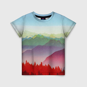 Детская футболка 3D с принтом Радужный пейзаж в Санкт-Петербурге, 100% гипоаллергенный полиэфир | прямой крой, круглый вырез горловины, длина до линии бедер, чуть спущенное плечо, ткань немного тянется | горы | деревья | дождь | лес | массив | небо | природа | рельеф | скалы | яркий