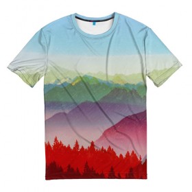 Мужская футболка 3D с принтом Радужный пейзаж в Санкт-Петербурге, 100% полиэфир | прямой крой, круглый вырез горловины, длина до линии бедер | горы | деревья | дождь | лес | массив | небо | природа | рельеф | скалы | яркий