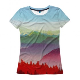Женская футболка 3D с принтом Радужный пейзаж в Санкт-Петербурге, 100% полиэфир ( синтетическое хлопкоподобное полотно) | прямой крой, круглый вырез горловины, длина до линии бедер | горы | деревья | дождь | лес | массив | небо | природа | рельеф | скалы | яркий