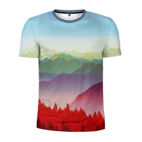 Мужская футболка 3D спортивная с принтом Радужный пейзаж в Санкт-Петербурге, 100% полиэстер с улучшенными характеристиками | приталенный силуэт, круглая горловина, широкие плечи, сужается к линии бедра | горы | деревья | дождь | лес | массив | небо | природа | рельеф | скалы | яркий