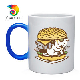 Кружка хамелеон с принтом Котбургер в Санкт-Петербурге, керамика | меняет цвет при нагревании, емкость 330 мл | булка | бургер | гамбургер | детский | еда | животные | картинка | кот | коте | котенок | котята | кошка | милые | рисунок | смешные | сыр | чизбургер