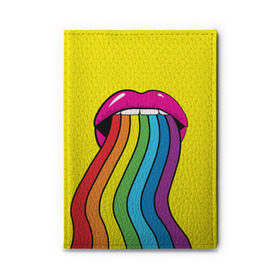 Обложка для автодокументов с принтом Pop art в Санкт-Петербурге, натуральная кожа |  размер 19,9*13 см; внутри 4 больших “конверта” для документов и один маленький отдел — туда идеально встанут права | Тематика изображения на принте: fun | lip color | mouth | pop art | rainbow | reggae | spectrum | style | summer | teeth | yellow | веселье | губы | желтый | зубы | лето | поп арт | радуга | рот | спектр | стиль | цвет