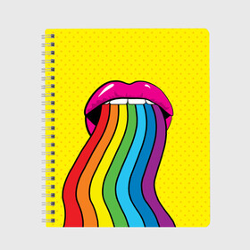 Тетрадь с принтом Pop art в Санкт-Петербурге, 100% бумага | 48 листов, плотность листов — 60 г/м2, плотность картонной обложки — 250 г/м2. Листы скреплены сбоку удобной пружинной спиралью. Уголки страниц и обложки скругленные. Цвет линий — светло-серый
 | fun | lip color | mouth | pop art | rainbow | reggae | spectrum | style | summer | teeth | yellow | веселье | губы | желтый | зубы | лето | поп арт | радуга | рот | спектр | стиль | цвет