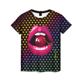 Женская футболка 3D с принтом Pop art в Санкт-Петербурге, 100% полиэфир ( синтетическое хлопкоподобное полотно) | прямой крой, круглый вырез горловины, длина до линии бедер | cherry | colorful | fashion | funny | gesture | lips | lipstick | makeup | mouth | pop art | rainbow | style | веселый | вишенка | вишня | губы | жест | зубы | клубный | любовь | макияж | мода | помада | поп арт | прикольный | радуга | рот | стиль | страс