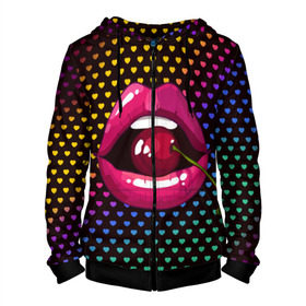 Мужская толстовка 3D на молнии с принтом Pop art в Санкт-Петербурге, 100% полиэстер | длина до линии бедра, манжеты и пояс оформлены мягкой тканевой резинкой, двухслойный капюшон со шнурком для регулировки, спереди молния, по бокам два кармана | cherry | colorful | fashion | funny | gesture | lips | lipstick | makeup | mouth | pop art | rainbow | style | веселый | вишенка | вишня | губы | жест | зубы | клубный | любовь | макияж | мода | помада | поп арт | прикольный | радуга | рот | стиль | страс