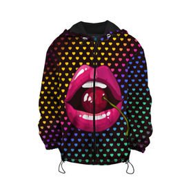 Детская куртка 3D с принтом Pop art в Санкт-Петербурге, 100% полиэстер | застежка — молния, подол и капюшон оформлены резинкой с фиксаторами, по бокам — два кармана без застежек, один потайной карман на груди, плотность верхнего слоя — 90 г/м2; плотность флисового подклада — 260 г/м2 | cherry | colorful | fashion | funny | gesture | lips | lipstick | makeup | mouth | pop art | rainbow | style | веселый | вишенка | вишня | губы | жест | зубы | клубный | любовь | макияж | мода | помада | поп арт | прикольный | радуга | рот | стиль | страс