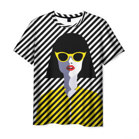 Мужская футболка 3D с принтом Pop art girl в Санкт-Петербурге, 100% полиэфир | прямой крой, круглый вырез горловины, длина до линии бедер | Тематика изображения на принте: abstraction | bright | color | fashion | hair | lines | lips | pop art | rack | red | style | yellow | абстракция | губы | желтый | каре | красный | линии | мода | очки | поп арт | прическа | стиль | цвет | яркий