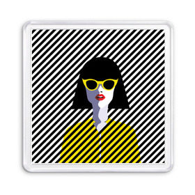 Магнит 55*55 с принтом Pop art girl в Санкт-Петербурге, Пластик | Размер: 65*65 мм; Размер печати: 55*55 мм | abstraction | bright | color | fashion | hair | lines | lips | pop art | rack | red | style | yellow | абстракция | губы | желтый | каре | красный | линии | мода | очки | поп арт | прическа | стиль | цвет | яркий