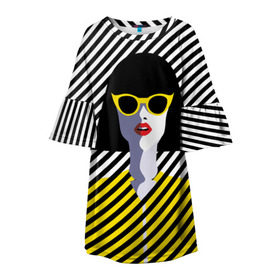 Детское платье 3D с принтом Pop art girl в Санкт-Петербурге, 100% полиэстер | прямой силуэт, чуть расширенный к низу. Круглая горловина, на рукавах — воланы | Тематика изображения на принте: abstraction | bright | color | fashion | hair | lines | lips | pop art | rack | red | style | yellow | абстракция | губы | желтый | каре | красный | линии | мода | очки | поп арт | прическа | стиль | цвет | яркий