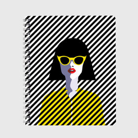 Тетрадь с принтом Pop art girl в Санкт-Петербурге, 100% бумага | 48 листов, плотность листов — 60 г/м2, плотность картонной обложки — 250 г/м2. Листы скреплены сбоку удобной пружинной спиралью. Уголки страниц и обложки скругленные. Цвет линий — светло-серый
 | abstraction | bright | color | fashion | hair | lines | lips | pop art | rack | red | style | yellow | абстракция | губы | желтый | каре | красный | линии | мода | очки | поп арт | прическа | стиль | цвет | яркий