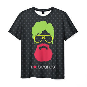 Мужская футболка 3D с принтом I like beards в Санкт-Петербурге, 100% полиэфир | прямой крой, круглый вырез горловины, длина до линии бедер | acid | background | beard | bright | club | color | face | fashion | head | hipster | male | mustache | p | pop art | style | борода | голова | горох | кислотный | клубный | лицо | мода | мужчина | очки | поп арт | стиль | усы | фон | хипстер | 