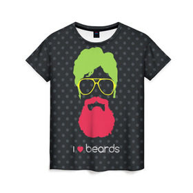 Женская футболка 3D с принтом I like beards в Санкт-Петербурге, 100% полиэфир ( синтетическое хлопкоподобное полотно) | прямой крой, круглый вырез горловины, длина до линии бедер | Тематика изображения на принте: acid | background | beard | bright | club | color | face | fashion | head | hipster | male | mustache | p | pop art | style | борода | голова | горох | кислотный | клубный | лицо | мода | мужчина | очки | поп арт | стиль | усы | фон | хипстер | 