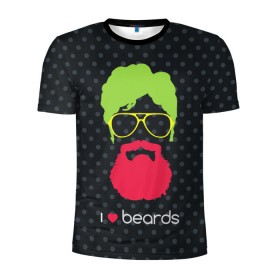 Мужская футболка 3D спортивная с принтом I like beards в Санкт-Петербурге, 100% полиэстер с улучшенными характеристиками | приталенный силуэт, круглая горловина, широкие плечи, сужается к линии бедра | acid | background | beard | bright | club | color | face | fashion | head | hipster | male | mustache | p | pop art | style | борода | голова | горох | кислотный | клубный | лицо | мода | мужчина | очки | поп арт | стиль | усы | фон | хипстер | 