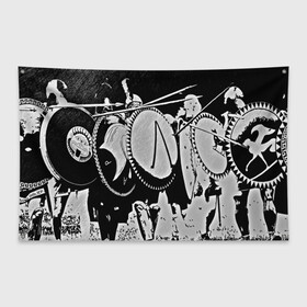 Флаг-баннер с принтом this is Sparta в Санкт-Петербурге, 100% полиэстер | размер 67 х 109 см, плотность ткани — 95 г/м2; по краям флага есть четыре люверса для крепления | sparta | античность | войны | каска | копья | спарта | шлем | щиты