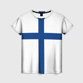 Женская футболка 3D с принтом Флаг Финляндии в Санкт-Петербурге, 100% полиэфир ( синтетическое хлопкоподобное полотно) | прямой крой, круглый вырез горловины, длина до линии бедер | finland | flag | suomi | финляндия | флаг