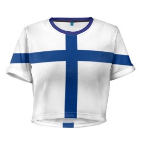 Женская футболка 3D укороченная с принтом Флаг Финляндии в Санкт-Петербурге, 100% полиэстер | круглая горловина, длина футболки до линии талии, рукава с отворотами | finland | flag | suomi | финляндия | флаг