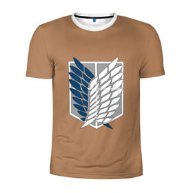 Мужская футболка 3D спортивная с принтом Атака Титанов (эмблема) #3 в Санкт-Петербурге, 100% полиэстер с улучшенными характеристиками | приталенный силуэт, круглая горловина, широкие плечи, сужается к линии бедра | attack on titan | shingeki no kyojin | атака титанов | белый | коричневый | серый | синий | эмблема разведчиков