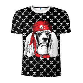 Мужская футболка 3D спортивная с принтом Пудель пират в Санкт-Петербурге, 100% полиэстер с улучшенными характеристиками | приталенный силуэт, круглая горловина, широкие плечи, сужается к линии бедра | Тематика изображения на принте: animal | dog | pet | puppy | skull | арт | животные | пес | пират | пудель | собаки | текстура | череп