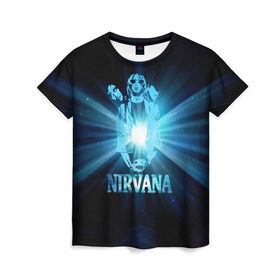 Женская футболка 3D с принтом Группа Nirvana в Санкт-Петербурге, 100% полиэфир ( синтетическое хлопкоподобное полотно) | прямой крой, круглый вырез горловины, длина до линии бедер | kurt cobain | nirvana | вечная память | гитара | гранж | кумир | курт кобейн | лучи | микрофон | музыкант | надпись | нирвана | певец | рок | свет