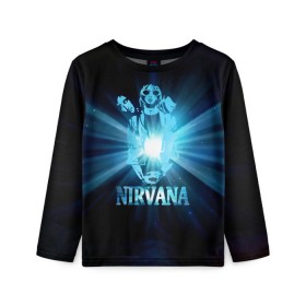 Детский лонгслив 3D с принтом Группа Nirvana в Санкт-Петербурге, 100% полиэстер | длинные рукава, круглый вырез горловины, полуприлегающий силуэт
 | kurt cobain | nirvana | вечная память | гитара | гранж | кумир | курт кобейн | лучи | микрофон | музыкант | надпись | нирвана | певец | рок | свет