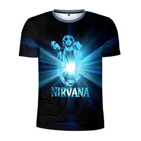 Мужская футболка 3D спортивная с принтом Группа Nirvana в Санкт-Петербурге, 100% полиэстер с улучшенными характеристиками | приталенный силуэт, круглая горловина, широкие плечи, сужается к линии бедра | kurt cobain | nirvana | вечная память | гитара | гранж | кумир | курт кобейн | лучи | микрофон | музыкант | надпись | нирвана | певец | рок | свет