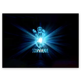 Поздравительная открытка с принтом Группа Nirvana в Санкт-Петербурге, 100% бумага | плотность бумаги 280 г/м2, матовая, на обратной стороне линовка и место для марки
 | Тематика изображения на принте: kurt cobain | nirvana | вечная память | гитара | гранж | кумир | курт кобейн | лучи | микрофон | музыкант | надпись | нирвана | певец | рок | свет