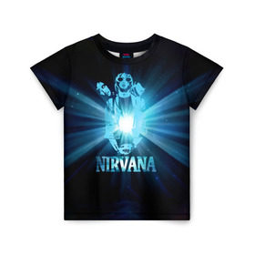 Детская футболка 3D с принтом Группа Nirvana в Санкт-Петербурге, 100% гипоаллергенный полиэфир | прямой крой, круглый вырез горловины, длина до линии бедер, чуть спущенное плечо, ткань немного тянется | kurt cobain | nirvana | вечная память | гитара | гранж | кумир | курт кобейн | лучи | микрофон | музыкант | надпись | нирвана | певец | рок | свет