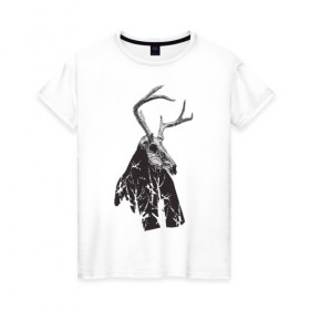 Женская футболка хлопок с принтом Адепт в Санкт-Петербурге, 100% хлопок | прямой крой, круглый вырез горловины, длина до линии бедер, слегка спущенное плечо | готический | животное | лес | мистика | мрачное | ночь | олень | рога | страшное | череп