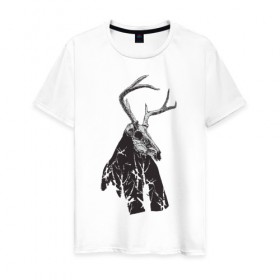 Мужская футболка хлопок с принтом Адепт в Санкт-Петербурге, 100% хлопок | прямой крой, круглый вырез горловины, длина до линии бедер, слегка спущенное плечо. | готический | животное | лес | мистика | мрачное | ночь | олень | рога | страшное | череп