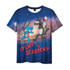 Мужская футболка 3D с принтом Itchy & Scratchy space в Санкт-Петербурге, 100% полиэфир | прямой крой, круглый вырез горловины, длина до линии бедер | Тематика изображения на принте: simpsons | the itchy  scratchy | симпсоны | щекотка и царапка