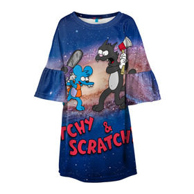 Детское платье 3D с принтом Itchy & Scratchy space в Санкт-Петербурге, 100% полиэстер | прямой силуэт, чуть расширенный к низу. Круглая горловина, на рукавах — воланы | simpsons | the itchy  scratchy | симпсоны | щекотка и царапка