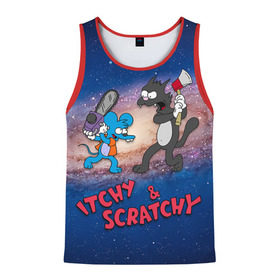 Мужская майка 3D с принтом Itchy & Scratchy space в Санкт-Петербурге, 100% полиэстер | круглая горловина, приталенный силуэт, длина до линии бедра. Пройма и горловина окантованы тонкой бейкой | simpsons | the itchy  scratchy | симпсоны | щекотка и царапка