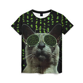 Женская футболка 3D с принтом Кот в матрице в Санкт-Петербурге, 100% полиэфир ( синтетическое хлопкоподобное полотно) | прямой крой, круглый вырез горловины, длина до линии бедер | кот | матрица | очки