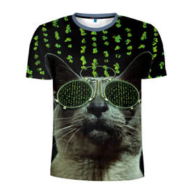 Мужская футболка 3D спортивная с принтом Кот в матрице в Санкт-Петербурге, 100% полиэстер с улучшенными характеристиками | приталенный силуэт, круглая горловина, широкие плечи, сужается к линии бедра | кот | матрица | очки