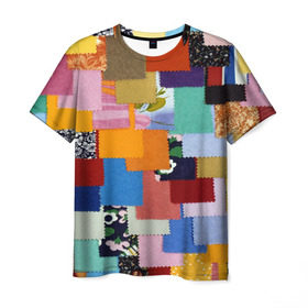 Мужская футболка 3D с принтом Цветные лоскуты в Санкт-Петербурге, 100% полиэфир | прямой крой, круглый вырез горловины, длина до линии бедер | color | spray | капли красок | лоскуты | одежда | радуга | разноцветные | цветные