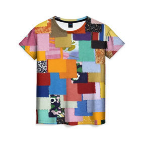Женская футболка 3D с принтом Цветные лоскуты в Санкт-Петербурге, 100% полиэфир ( синтетическое хлопкоподобное полотно) | прямой крой, круглый вырез горловины, длина до линии бедер | color | spray | капли красок | лоскуты | одежда | радуга | разноцветные | цветные