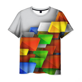 Мужская футболка 3D с принтом Абстрактные фигуры в Санкт-Петербурге, 100% полиэфир | прямой крой, круглый вырез горловины, длина до линии бедер | грань | краски | кубик | кубики | линии | мозаика | разноцветные кубы | ребро | текстура | тени | узор