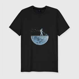 Мужская футболка премиум с принтом Стрижет луну в Санкт-Петербурге, 92% хлопок, 8% лайкра | приталенный силуэт, круглый вырез ворота, длина до линии бедра, короткий рукав | газонокосилка | звезды | космонавт | космос | луна | луны | поверхность | пузыри | рисунок | скафандр | фантастика