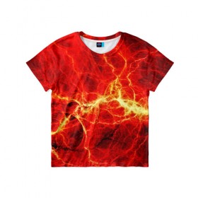 Детская футболка 3D с принтом Огненные молнии в Санкт-Петербурге, 100% гипоаллергенный полиэфир | прямой крой, круглый вырез горловины, длина до линии бедер, чуть спущенное плечо, ткань немного тянется | абстракции | арт | молния | огонь | полосы | узорыpattern