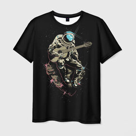 Мужская футболка 3D с принтом Космонавт с гитарой в Санкт-Петербурге, 100% полиэфир | прямой крой, круглый вырез горловины, длина до линии бедер | гитара | звезды | земля | космонавт | космос | рок | сфера