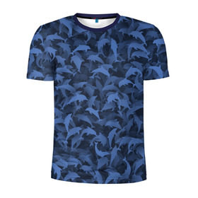 Мужская футболка 3D спортивная с принтом Камуфляж с дельфинами в Санкт-Петербурге, 100% полиэстер с улучшенными характеристиками | приталенный силуэт, круглая горловина, широкие плечи, сужается к линии бедра | Тематика изображения на принте: вода | дельфин | дельфины | милитари | море | океан | паттерн | синий | текстура | черное