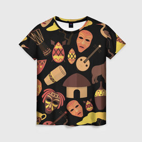 Женская футболка 3D с принтом Бужумбура в Санкт-Петербурге, 100% полиэфир ( синтетическое хлопкоподобное полотно) | прямой крой, круглый вырез горловины, длина до линии бедер | африка | барабан | маска | слон | черный