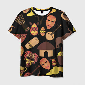 Мужская футболка 3D с принтом Бужумбура в Санкт-Петербурге, 100% полиэфир | прямой крой, круглый вырез горловины, длина до линии бедер | африка | барабан | маска | слон | черный