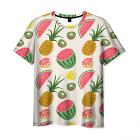 Мужская футболка 3D с принтом Тропический рай в Санкт-Петербурге, 100% полиэфир | прямой крой, круглый вырез горловины, длина до линии бедер | Тематика изображения на принте: ананас | арбуз | киви | лимон | манго | паттерн | тропики | фрукты