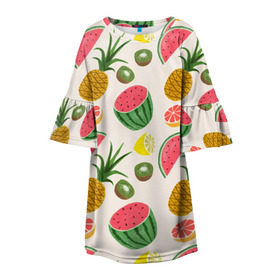 Детское платье 3D с принтом Тропический рай в Санкт-Петербурге, 100% полиэстер | прямой силуэт, чуть расширенный к низу. Круглая горловина, на рукавах — воланы | Тематика изображения на принте: ананас | арбуз | киви | лимон | манго | паттерн | тропики | фрукты