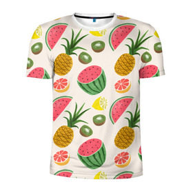 Мужская футболка 3D спортивная с принтом Тропический рай в Санкт-Петербурге, 100% полиэстер с улучшенными характеристиками | приталенный силуэт, круглая горловина, широкие плечи, сужается к линии бедра | ананас | арбуз | киви | лимон | манго | паттерн | тропики | фрукты